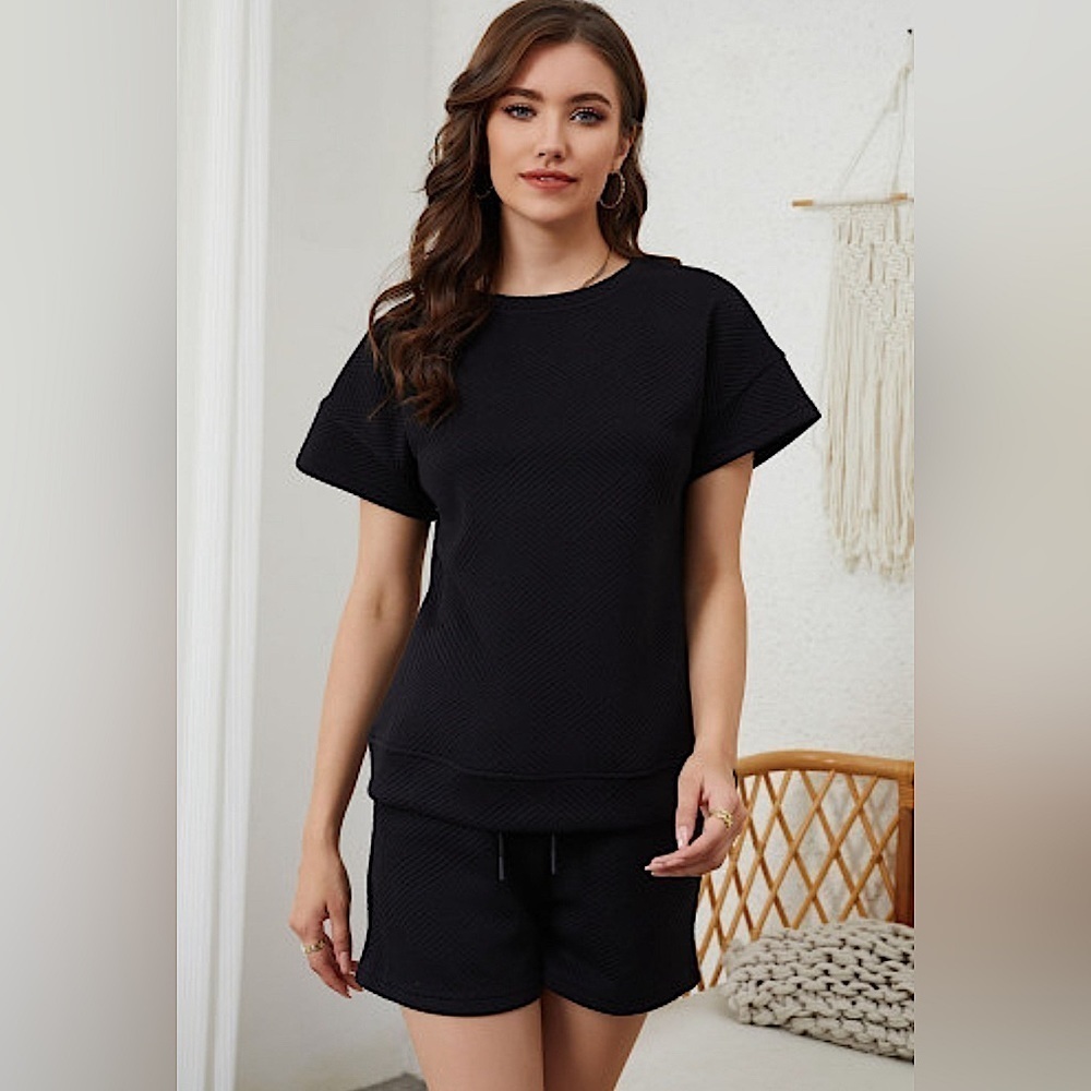 2 Piece Set Textured Black Knit Slouchy Short Sleeve Top & Drawstring Shorts